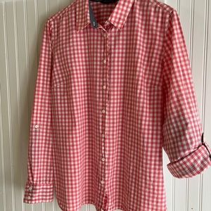 Tommy Hilfiger Coral/White Gingham Blouse Size XL Convertible Sleeves